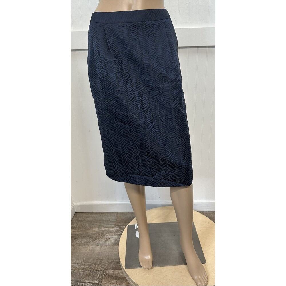 Lafayette 148 Pencil Skirt Women 12 Navy Blue Knee Length Back Slit Acetate/Silk